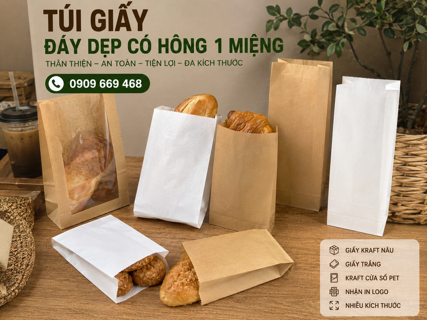Túi Giấy Đáy Dẹp Có Hông 1 Miệng